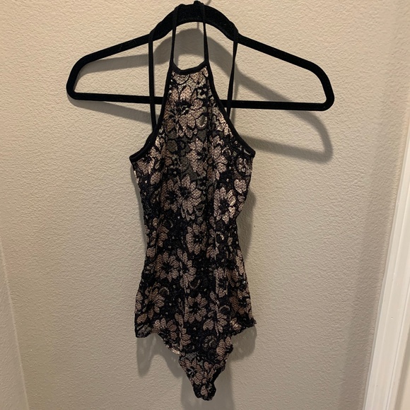 gLARE Other - gLARE Sexy Blush Black Lace Floral Halter Bodysuit